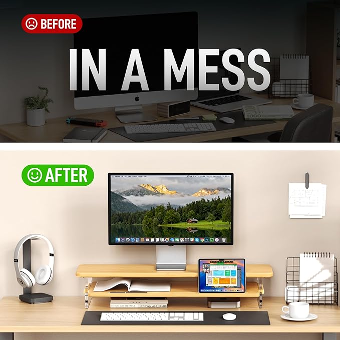 Monitor Stand Riser, Bamboo & Acrylic 2 Tier Computer Monitor Stand with LED Light, 31.5 inch Large Desktop Organizer for Desk, Stand for Computer, Laptop, Printer, PC & TV Screen Riser