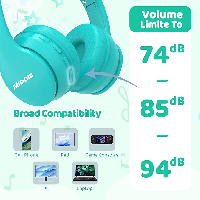 MIDOLA Kids Headphones Bluetooth 5.4 Wireless 68H Play Time Volume Limit 85/94dB Over-Ear Foldable Headset,Type-C Fast Charging,Wired Aux Mic for Toddler Child Pad Tablet Cyan