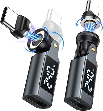 USB C Magnetic Adapter PD 240W(2Pack), 9PIN USB C 90 Degree Adapter with LED Digital Display/360 &180 Degree Power Meter Tester for 1Phone 17/16/15, Ma-Book Pro/1Pad Series, Samsung, Tablet, Laptop