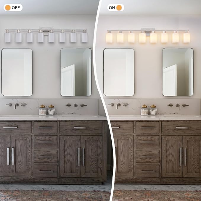 8 Light Bathroom Vanity Light, Brushed Nickel Bathroom Light Fixtures Over Mirror with Milky White Frosted Glass Shades, E26 Socket Modern Vanity Lights Wall Sconce for Bathroom Living Room Bedroom