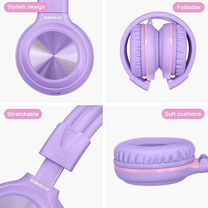 SIMOLIO Wired Headphones for Kids, Girls School Headphone with Microphone & Safe Volume Limiter & Share Port, Foldable Adjustable Over Ear Headsets for Tablet Travel Teens Smartphone (Purple)