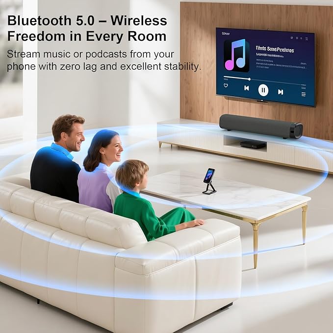 Sound Bar – 50W, Sound Bar for Smart TV, Sound Bar with Bluetooth 5.0, Optical/AUX Connectivity, Remote Control, Wall-Mountable Home Theater Audio, Compatible with TV, PC, and Phone