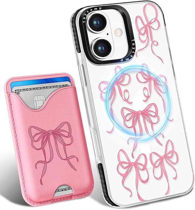 Toycamp for iPhone 16 Plus Case - Compatible with Magsafe Credit Card Holder Wallet Magnetic Cute Women Teen Girls Kawaii Girly Unique Bow Design Phone Cover for Apple 16 Plus 6.7"