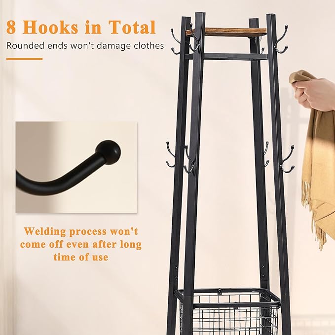 VECELO Coat Rack Freestanding, Entryway Clothes Stand with Metal Basket and 2 Shelves, Upgrade Hall Trees with 8 Dual Hooks for Bags, Hats, and Umbrellas, Industrial Styles, Vintage Brown+ Black