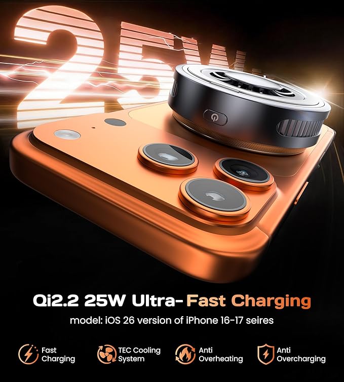 Qi2.2 25W for MagSafe Charger Ultra Fast Charging Cooling Pad Magnetic Wireless Charger for iPhone 12-17 Series & Android (5ft C to C Cable & 45W Adapter Included)