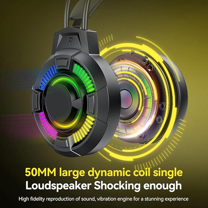 Tangxi Gaming Headset, USB Wired Over Ear Headphones with 50mm Drivers and RGB Lighting, 7.1 Surround Sound, Lightweight Design, for PC, PS 5, X Box Series X | S