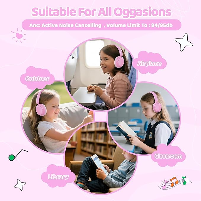 MIDOLA Kids Wireless Headphones Active Noise Cancelling Lightweight Bluetooth Headphone for Kid,Volume Limited 85/94dB Foldable Over-Ear Headset with Mic,68 Hours Playtime,for Toddler Child Pink