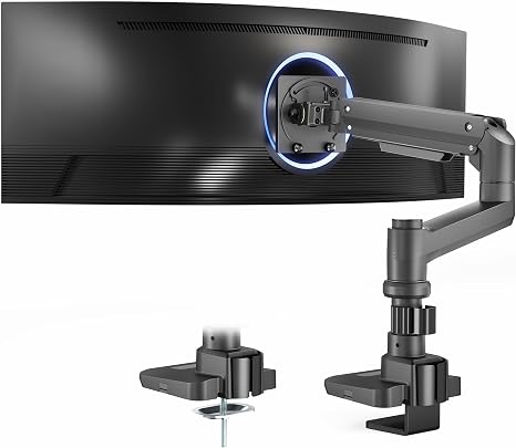 VIVO Aluminum Ultrawide Monitor Stand, Classic, Fits up to 57 inch Computer Screens, Single Articulating Pneumatic Arm, C-Clamp and Grommet Desk Mount, Max VESA 100x100, Black, STAND-V111H