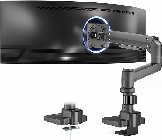 VIVO Aluminum Ultrawide Monitor Stand, Classic, Fits up to 57 inch Computer Screens, Single Articulating Pneumatic Arm, C-Clamp and Grommet Desk Mount, Max VESA 100x100, Black, STAND-V111H
