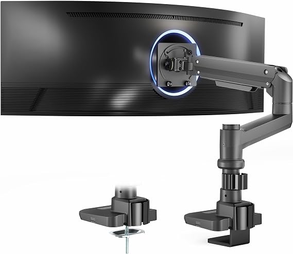VIVO Aluminum Ultrawide Monitor Stand, Classic, Fits up to 57 inch Computer Screens, Single Articulating Pneumatic Arm, C-Clamp and Grommet Desk Mount, Max VESA 100x100, Black, STAND-V111H