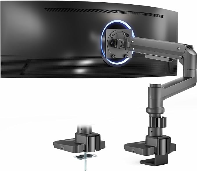 VIVO Aluminum Ultrawide Monitor Stand, Classic, Fits up to 57 inch Computer Screens, Single Articulating Pneumatic Arm, C-Clamp and Grommet Desk Mount, Max VESA 100x100, Black, STAND-V111H