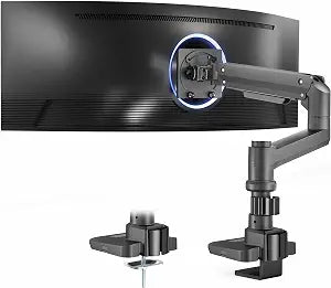 VIVO Aluminum Ultrawide Monitor Stand, Classic, Fits up to 57 inch Computer Screens, Single Articulating Pneumatic Arm, C-Clamp and Grommet Desk Mount, Max VESA 100x100, Black, STAND-V111H