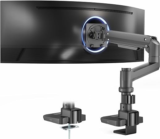 VIVO Aluminum Ultrawide Monitor Stand, Classic, Fits up to 57 inch Computer Screens, Single Articulating Pneumatic Arm, C-Clamp and Grommet Desk Mount, Max VESA 100x100, Black, STAND-V111H