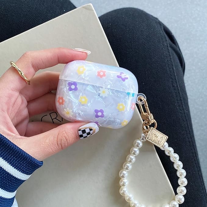 for Cute Glitter Airpods Pro/Pro 2 Gen Case with Cleaner Pen, Shell Pattern iPod Pro 2nd/1st Generation Cover Protective Skin Girl Women with Luxury Pearl Keychain 2023/2022/2019 - Flower