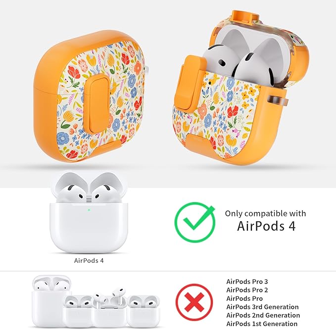 for AirPods 4 Case with Secure Lock Clip in Phone Stand,Floral Girly Style Protective Cover with Cleaning Kit and Hand Strap for Apple AirPod 4 Generation (Sunshine Petals)