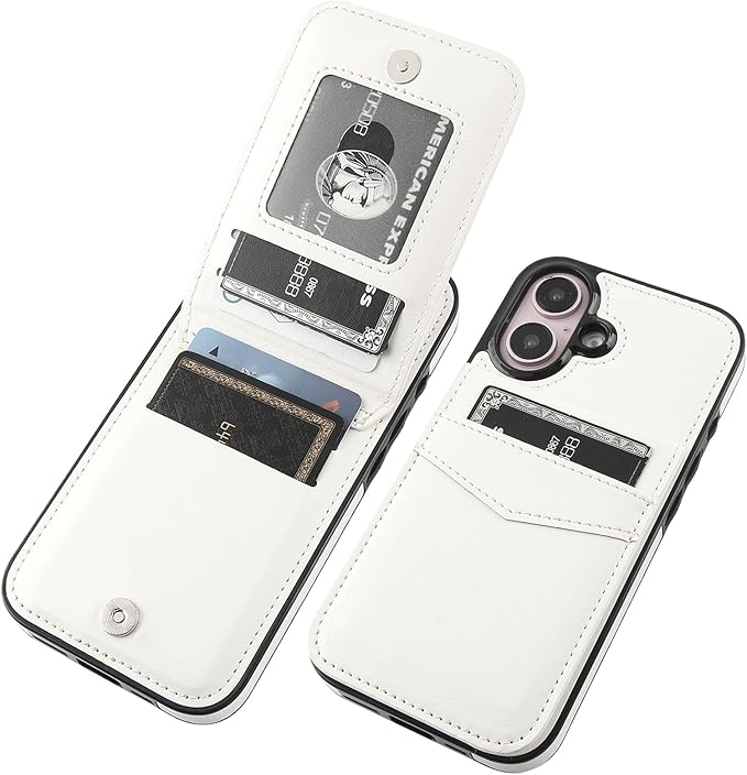 KIHUWEY Compatible with iPhone 16 Case Wallet with Credit Card Holder, Flip Premium Leather Magnetic Clasp Kickstand Heavy Duty Protective Cover for iPhone 16 6.1 Inch (White)