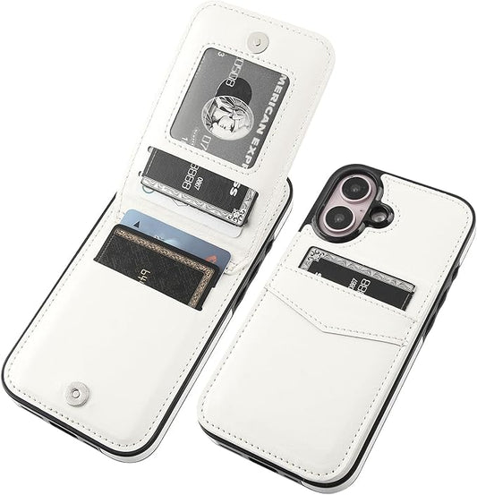KIHUWEY Compatible with iPhone 16 Case Wallet with Credit Card Holder, Flip Premium Leather Magnetic Clasp Kickstand Heavy Duty Protective Cover for iPhone 16 6.1 Inch (White)