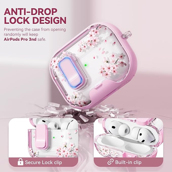 with Safety Lock for AirPods Pro 3 Case 2025,Clear Floral Cute Airpods Pro 3rd Generation Case with Phone Stand & Cleaner Kit for Apple AirPods Pro 3 for Women Girly-Cherry Blossom