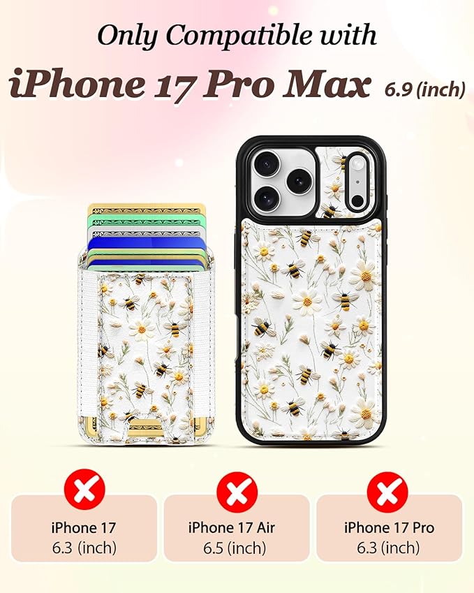 Shorogyt for iPhone 17 Pro Max Case Wallet - Fits 5 Cards, Compatible with Magsafe Detachable Magnetic Credit Card Holder Leather Cardholder Cute Phone Cover Women Girl for Apple 17 ProMax, Bee Flower