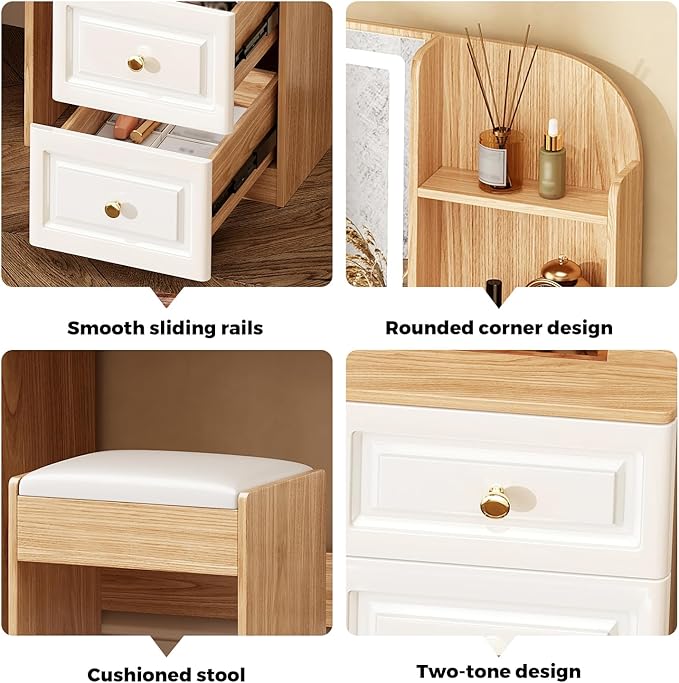 43" Makeup Vanity Desk with Mirror and Lights, & Power Outl, Glass Top Big Vanity Table with 9 Drawers& 8 Storage Shelves, Dressing Table Set with Chair for Bedroom, White+Oak