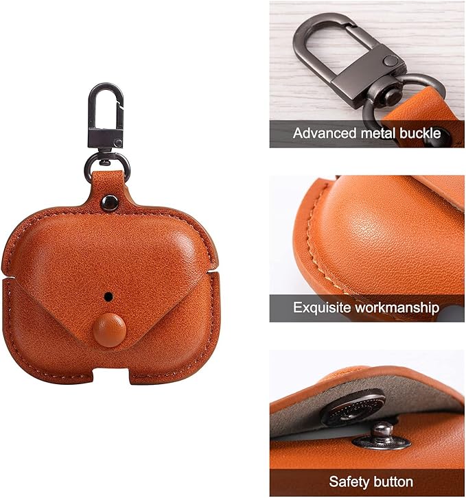 Genuine Leather Case Compatible with AirPods Pro Case 2nd/1st Gen (2023/2022/2019), VOMA Protective Cover for Apple AirPods Pro 2/Pro Wireless Charging Case with Keychain and Snap Lock Brown