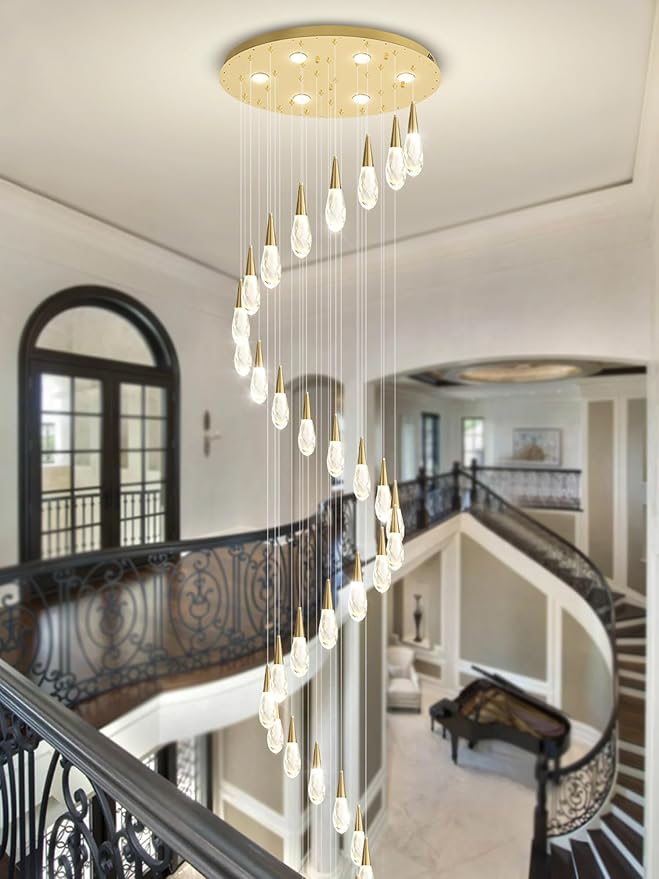H 177" Moderm Extra Large Chandelier 36-Lights Foyer Chandelier for High Ceiling Crystal Pendant Light Fixture Raindrop Chandeliers for Staircase Villa Living Room (Gold