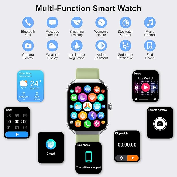 Smart Watch for Men Women (Answer/Make Call), 1.96" HD Smartwatch with Heart Rate/Sleep Monitor/Pedometer/Calories, 113+ Sports Fitness Watch, IP68 Waterproof Activity Tracker for Android iOS-Green