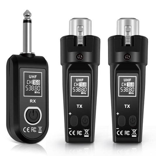 Ease of Use 2.4GHz Professional Wireless XLR Microphone System - 1 Receiver & 2 Transmitters, for Dynamic Mic, Audio Mixer, Electric Guitar & Bass