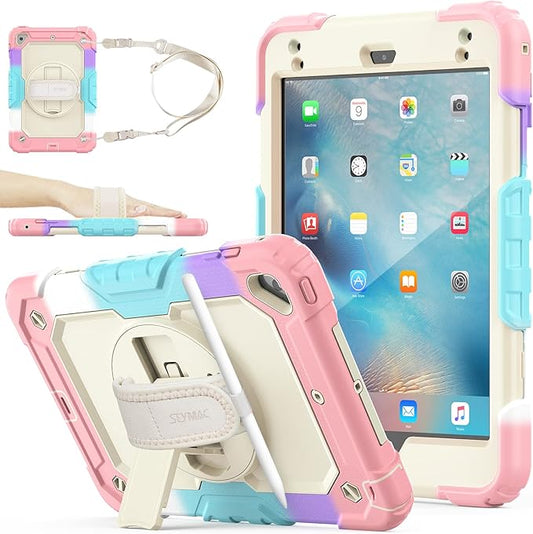 SEYMAC stock Case for iPad mini 5/4 with Screen Protector Pencil Holder [360 Rotating Hand Strap] & Stand, Drop-Proof Case for iPad mini 5th/4th Generation 7.9 inch (Yellowish+Rose)
