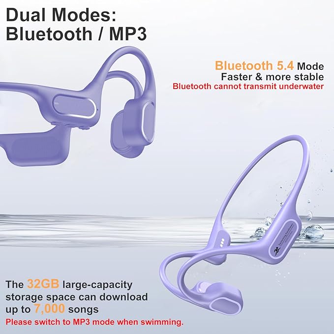 IP68 Waterproof Swimming Headphones, Bone Conduction Liquid Silicone Bluetooth Headphones, Built-in 32GB MP3 Player, Soft and Lightweight Open-Ear Design for Swimming/Marathons/Showers/Cycling(Purple)