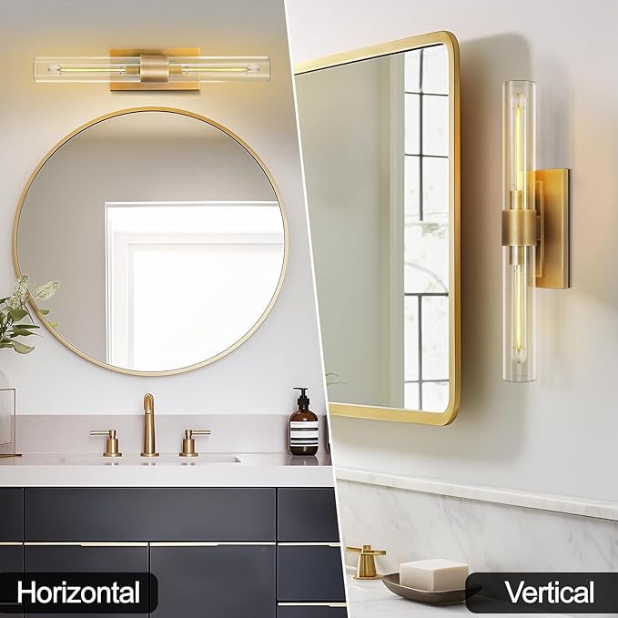 Brass Wall Sconces, 22.8" Bathroom Wall Sconce, Antique Brass Wall Sconces Set of 2, 2-Light Dimmable Wall Sconce, Sconces Wall Lighting With Glass, Bathroom Vanity Light, Tube Sconce for Living Room