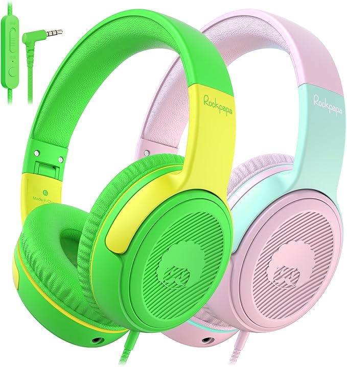 rockpapa Share 1 Kids Headphones Wired with Microphone & Share Port, 85dB/94dB Volume Limited, Cute Foldable Student Child Boys Girls Headphones for School/Travel Green/Yellow+Pink/Green