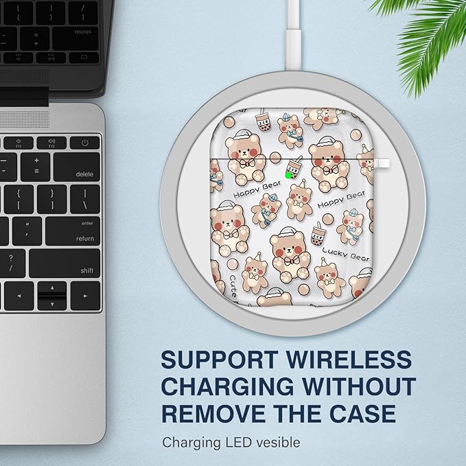 Maxjoy Compatible with AirPods 2nd Generation Case Cover, Cute Flowers Soft Protective for AirPod Gen 1&2 Charging Case,Milk Tea Bear