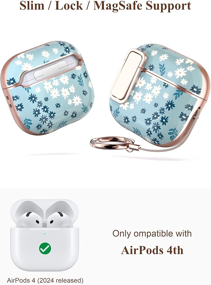 TATOFY Cover for AirPods Pro 4th Generation Case with Lock Clip Cleaner Kit Slim Hard AirPod 4 Lock Case Compatible with MagSafe (Cyan)