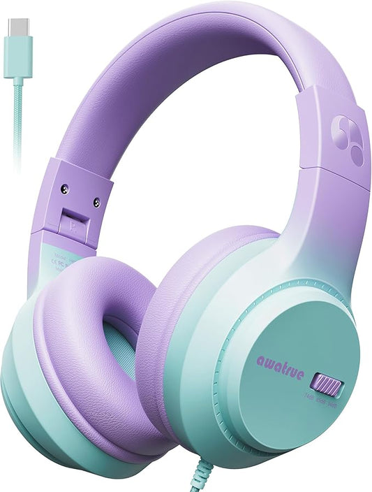 USB-C Kids Headphones, 74/85/94dB Volume Limiter, Foldable Wired Over Ear Headphones for Travel, Toddler Headphones for School, Travel, iPad, Tablet, Purple Green