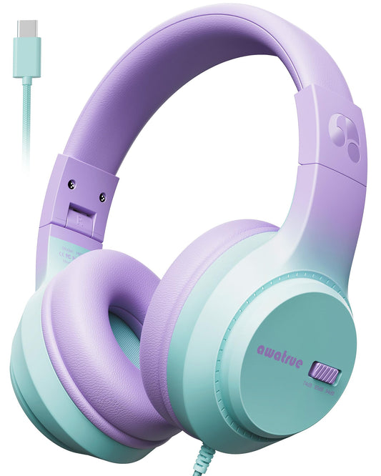 USB-C Kids Headphones, 74/85/94dB Volume Limiter, Foldable Wired Over Ear Headphones for Travel, Toddler Headphones for School, Travel, iPad, Tablet, Purple Green