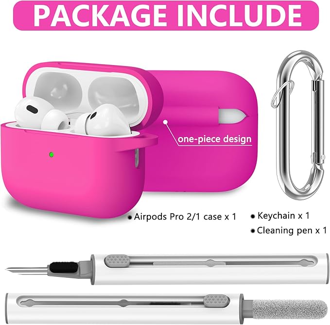 Ljusmicker for AirPods Pro Case Cover with Cleaner Kit,Soft Silicone Protective Cover for Apple AirPod Pro 2nd/1st Generation Cases for Women Men,AirPods Pro 2 Case Accessories with Keychain-Hot Pink