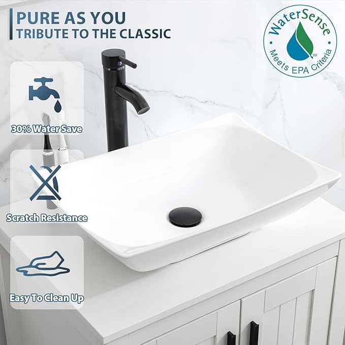 eclife 60" Modern Bathroom Vanity Sink Combo Freestanding Cabinet with Small Side Cabinet, White Curved Ceramic Vessel Sink, Water Save Faucet, Drain (Black+T32)