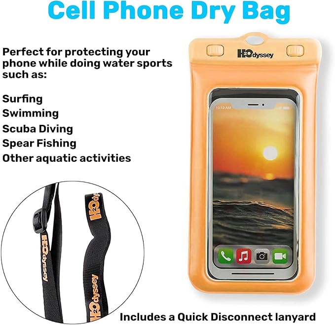 H2ODYSSEY Waterproof Phone Case and Lanyard - Excellent Waterproof Protection - Floats in The Water -Lanyard for Beach Kayak Travel - Universal Size - Orange