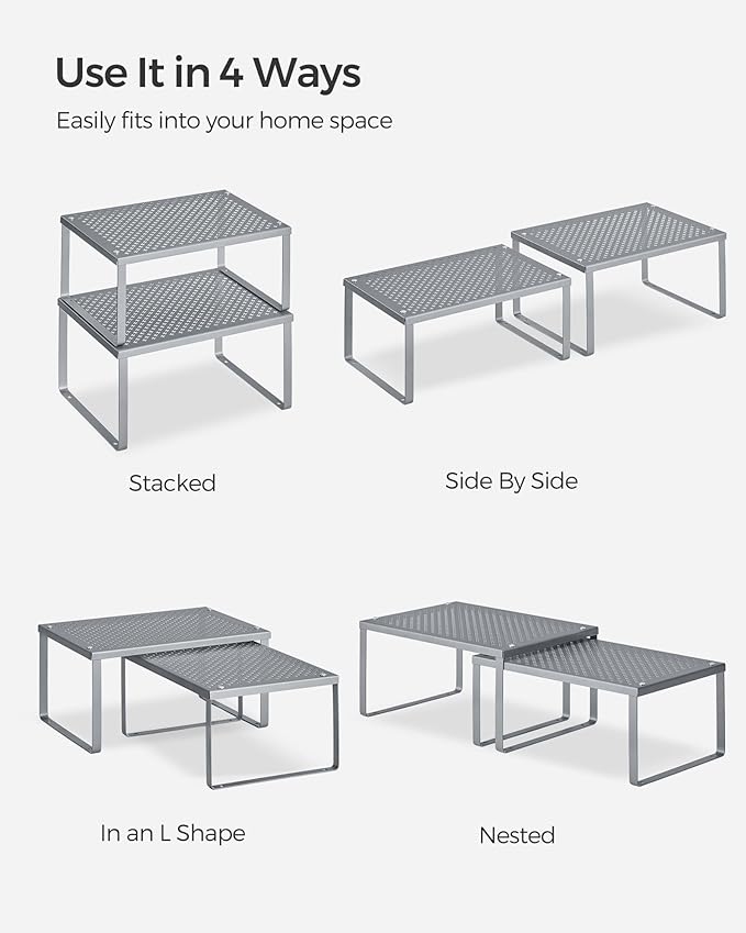 SONGMICS Spice Racks, Set of 4 Metal Cabinet Shelf Organizers, Countertop Organizers, Shelf Risers, Stackable, Expandable, Silver UKCS006S01