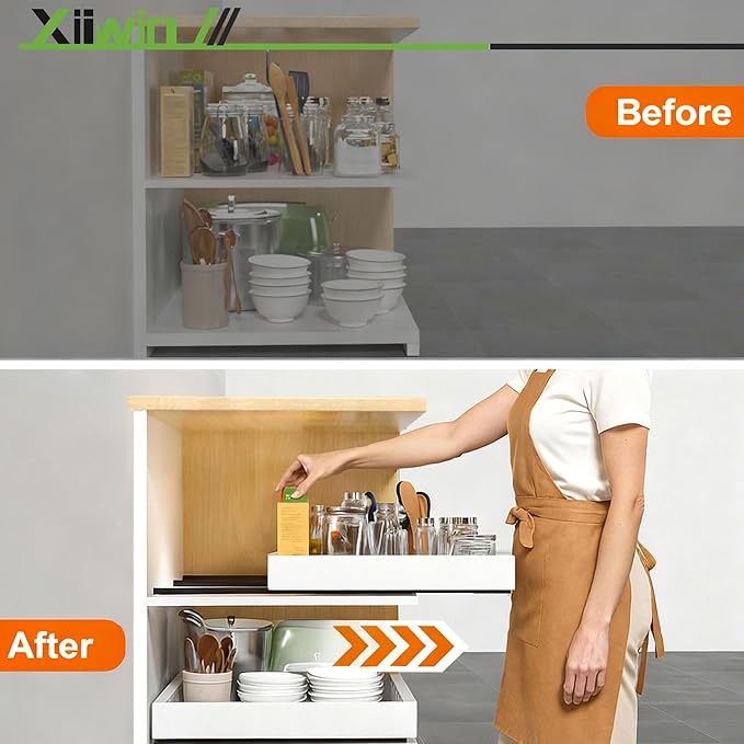 Pull out Cabinet Organizer 21" Depth (12.6-20.5 inch Width) Slide Roll Out Drawers Expandable Adjustable Shelves for Kitchen Bathroom Pantry Adhesive Nano Film 3 Slide Rails White, 2pcs