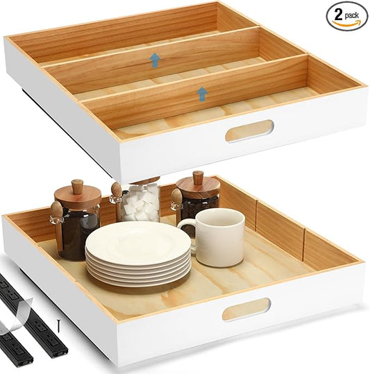2 PCS Wood Pull Out Cabinet Organizers with Removable Dividers, 20''W x 21''D Nail-free Wood Sliding Drawers with Adhesive Tape, Roll Out Shelves for Kitchen, Pantry, Office (White)