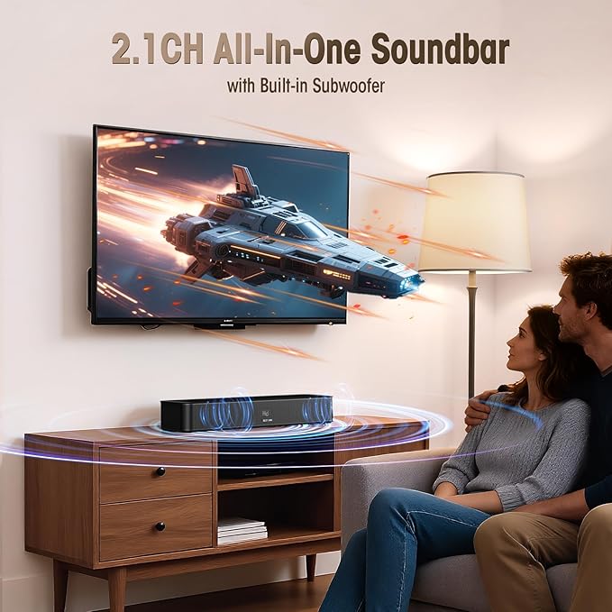 BESTISAN 2.1CH Sound Bar for TV, 16.5” Compact with Built-in Subwoofer, ARC/Opt/AUX/USB Input, Volume Boost, Bluetooth 5.3, Peak 100W, 3 EQ Modes, All-in-one Soundbar for PC/Gaming/Projectors