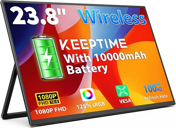 KEEPTIME 23.8" Wireless Portable Monitor with Battery 10000mAh 100Hz 1080P