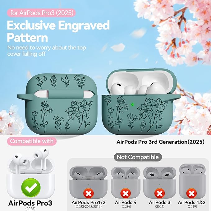 for Airpods Pro 3 Case, Flower Engraved Case Cover Compatible with AirPods Pro 3rd Generation 2025, Soft Silicone Cases with Cute Keychain & Cleaner for Women Girly, Shockproof