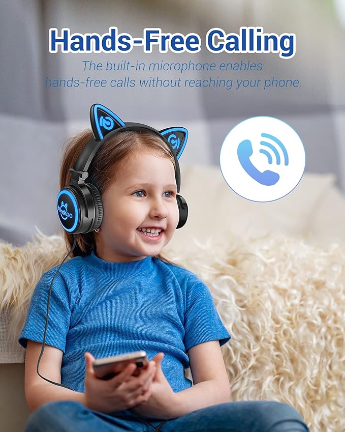 Cat Ear Bluetooth Headphones with Microphone, LED Light Up Over Ear Headphones, Volume Control and Foldable Headset for Tablet/PC/iPad/Cell Phones, Gift for Kids Boys & Girls