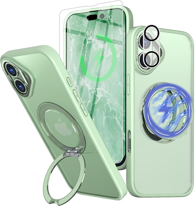 for iPhone 16 Case with Screen Protector & Lens Protector [15 FT Military Drop Protection] Magnetic Kickstand Compatible with MagSafe Slim Translucent Case (Butter Green)