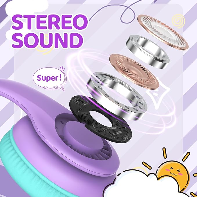 Wired Headphones for Kids, 85dB Volume Limit, 3.5mm Kids Headphones with Cord, Adjustable, Stereo Sound Foldable Toddler headsets for School-Purple
