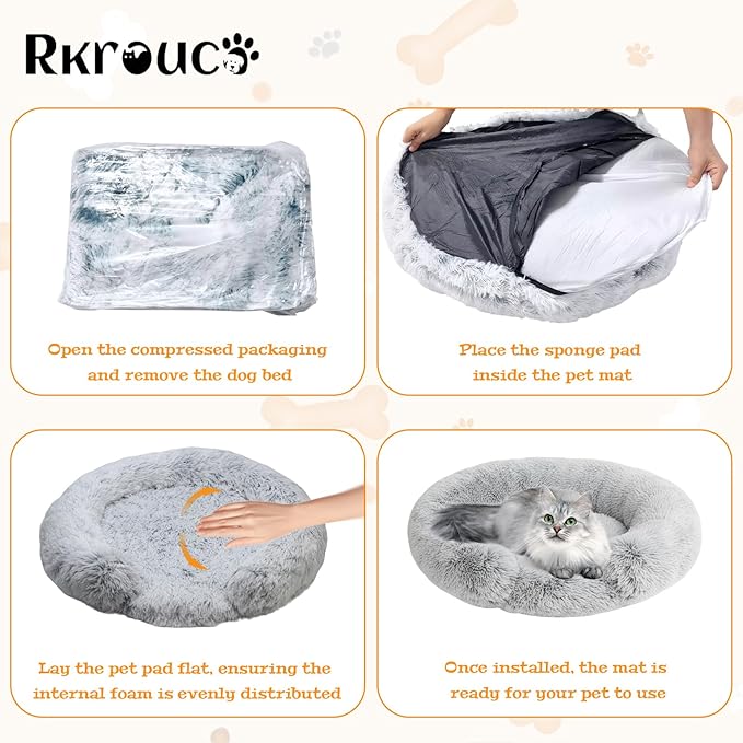 Fluffy Dog Bed Calming Donut Beds for Large Dogs Warming Round Small Medium Pet Nest Cozy Cat Mattress Indoor Washable Puppy Kennel Kittens Sleep Mat (L, 35.4×35.4 inch, Gradient Gray)