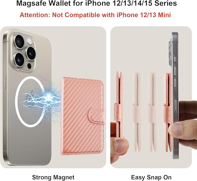 Bocasal for MagSafe Wallet Magnetic Card Holder, RFID Blocking Leather Card Slots for iPhone 17/16/15/14/13/12 Pro/Max/Plus/Air, Adjustable Kickstand Flip Mag Safe Wallet (Carbon Filber Rose Gold)